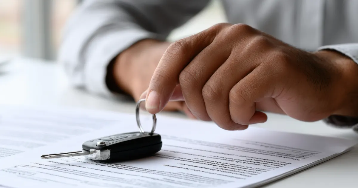 A hand holding a car key over title paperwork — recovering a title for a long-abandoned vehicle in Texas, CashMyCarTX