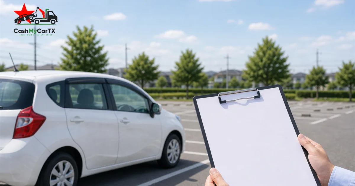 A blank clipboard form beside a parked car — DMV paperwork after selling your car in Texas, CashMyCarTX