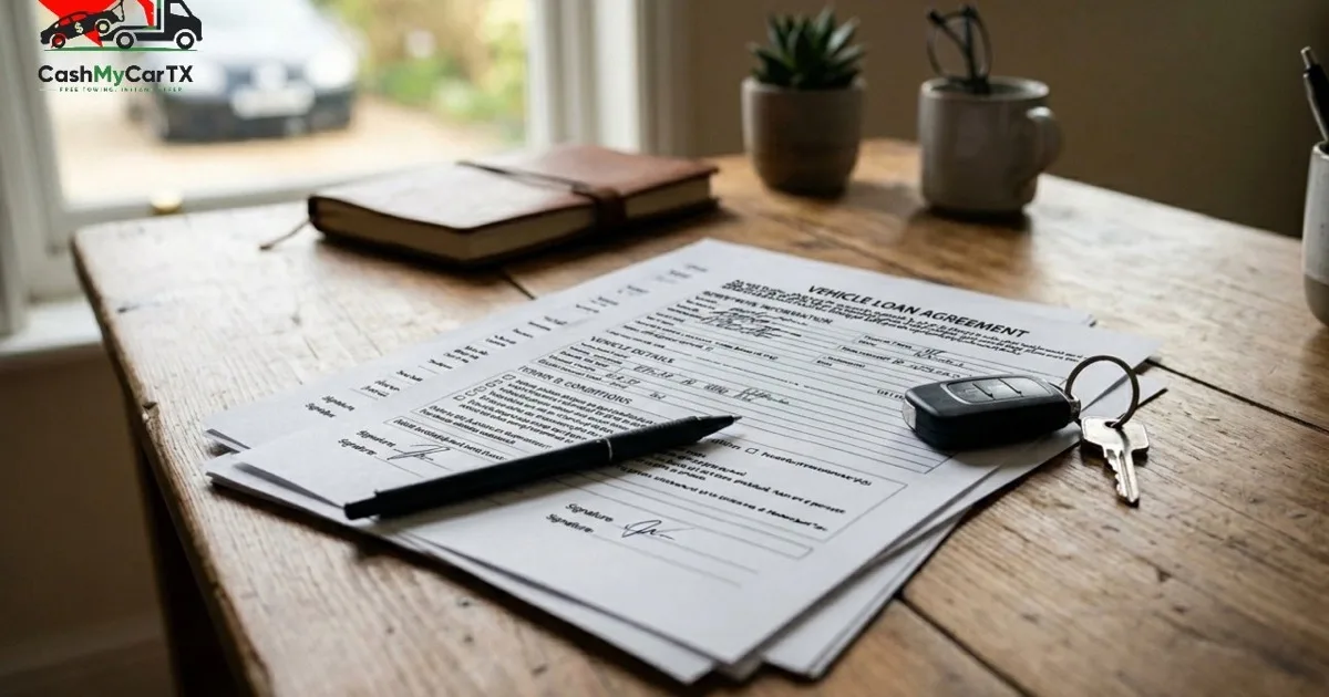 Vehicle title paperwork, keys, and a car outside — inheriting a car with no title in Texas, CashMyCarTX