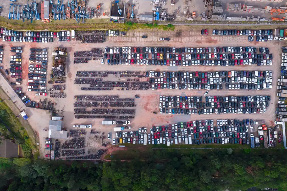 Texas impound fees: aerial view of a vehicle storage yard Aerial view of a vehicle storage yard, the lots that charge Texas impound fees