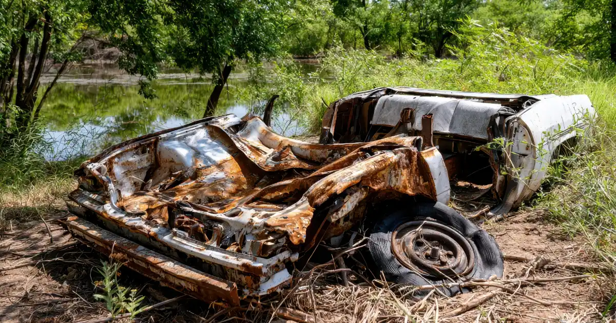 A rusted, abandoned car decaying near a creek — environmental rules for disposing of a junk car in Texas, CashMyCarTX