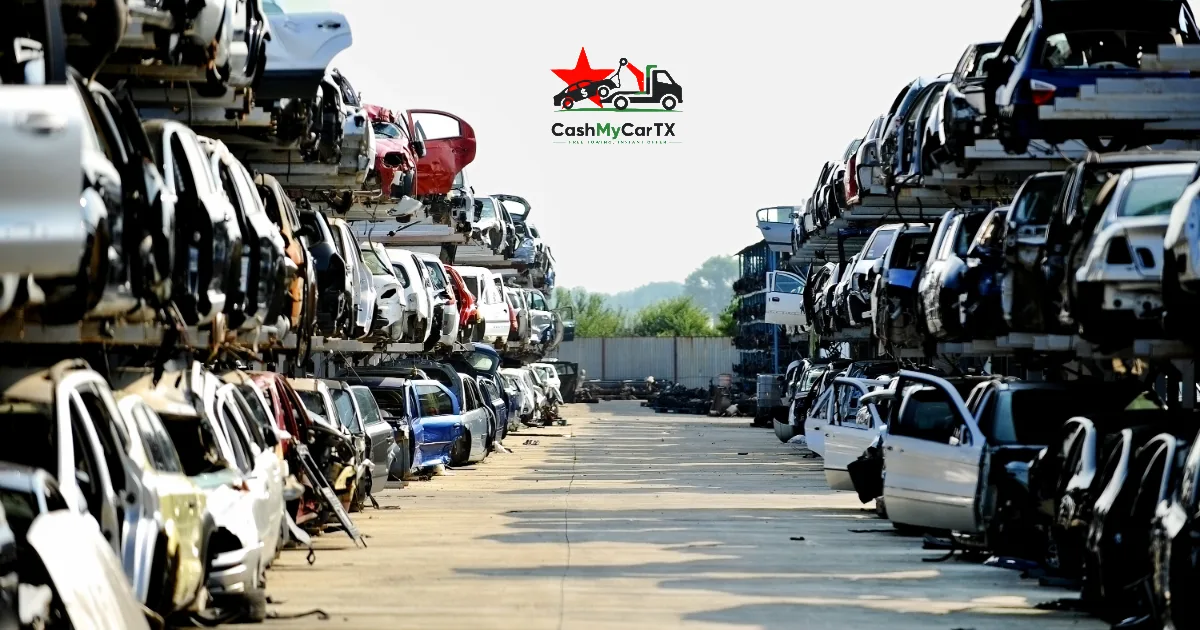 Rows of wrecked cars at a junkyard — junkyard offer vs. cash buyer in Texas, CashMyCarTX