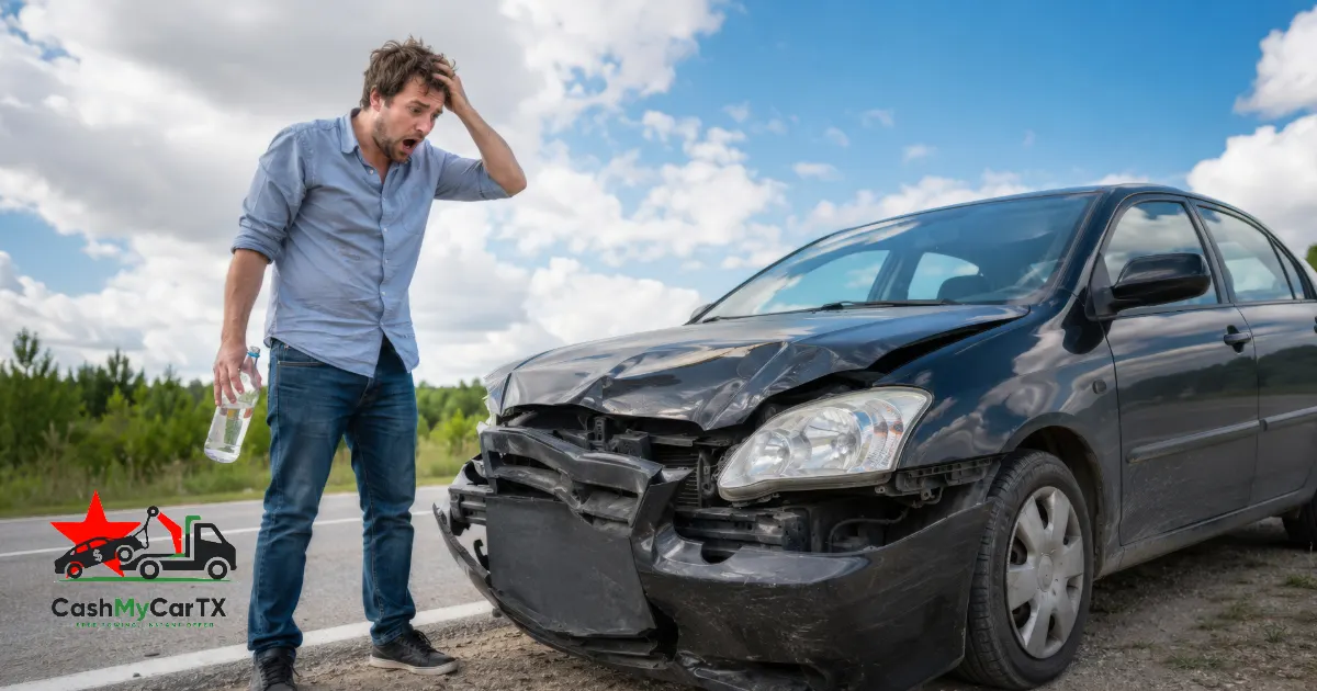 A man reacting to his wrecked car on a rural roadside — no tow truck available, selling a junk car in rural Texas