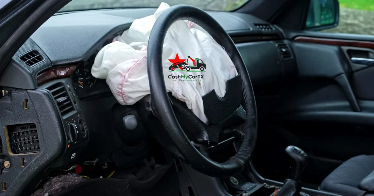 A car interior with a deployed airbag — selling a salvage title car in Texas, CashMyCarTX