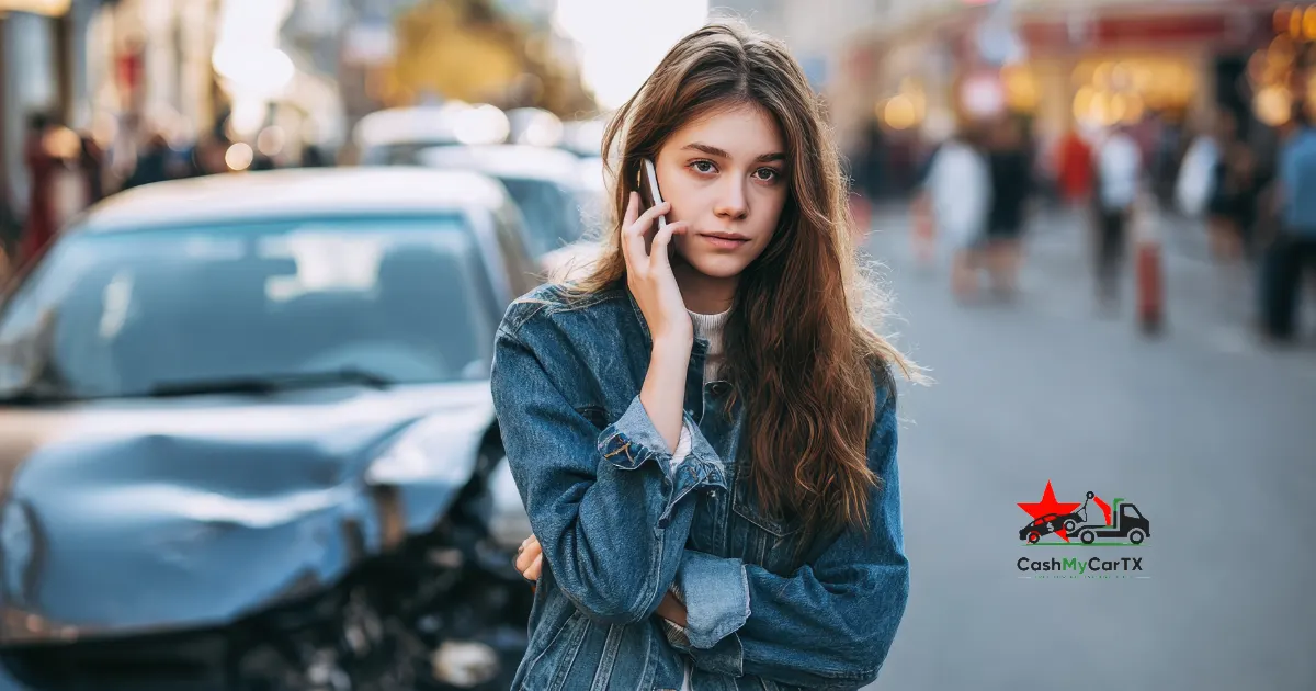 A young woman on the phone beside a wrecked car — teen's first car totaled in Texas
