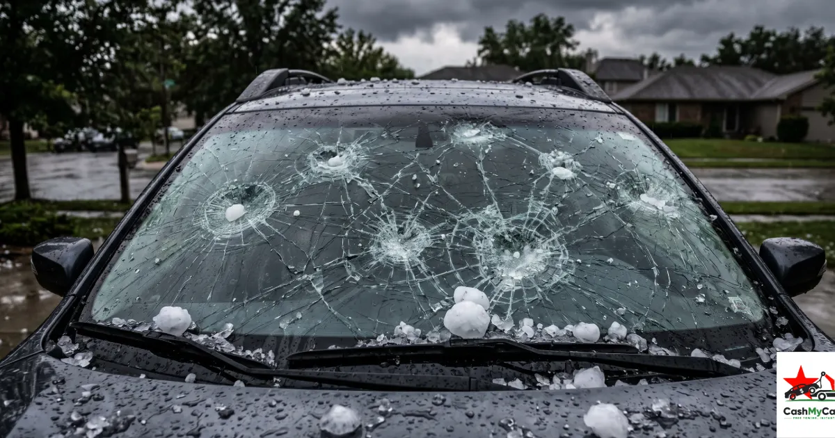 A windshield shattered by hail damage — hail claims and denials in Texas' hail belt, CashMyCarTX
